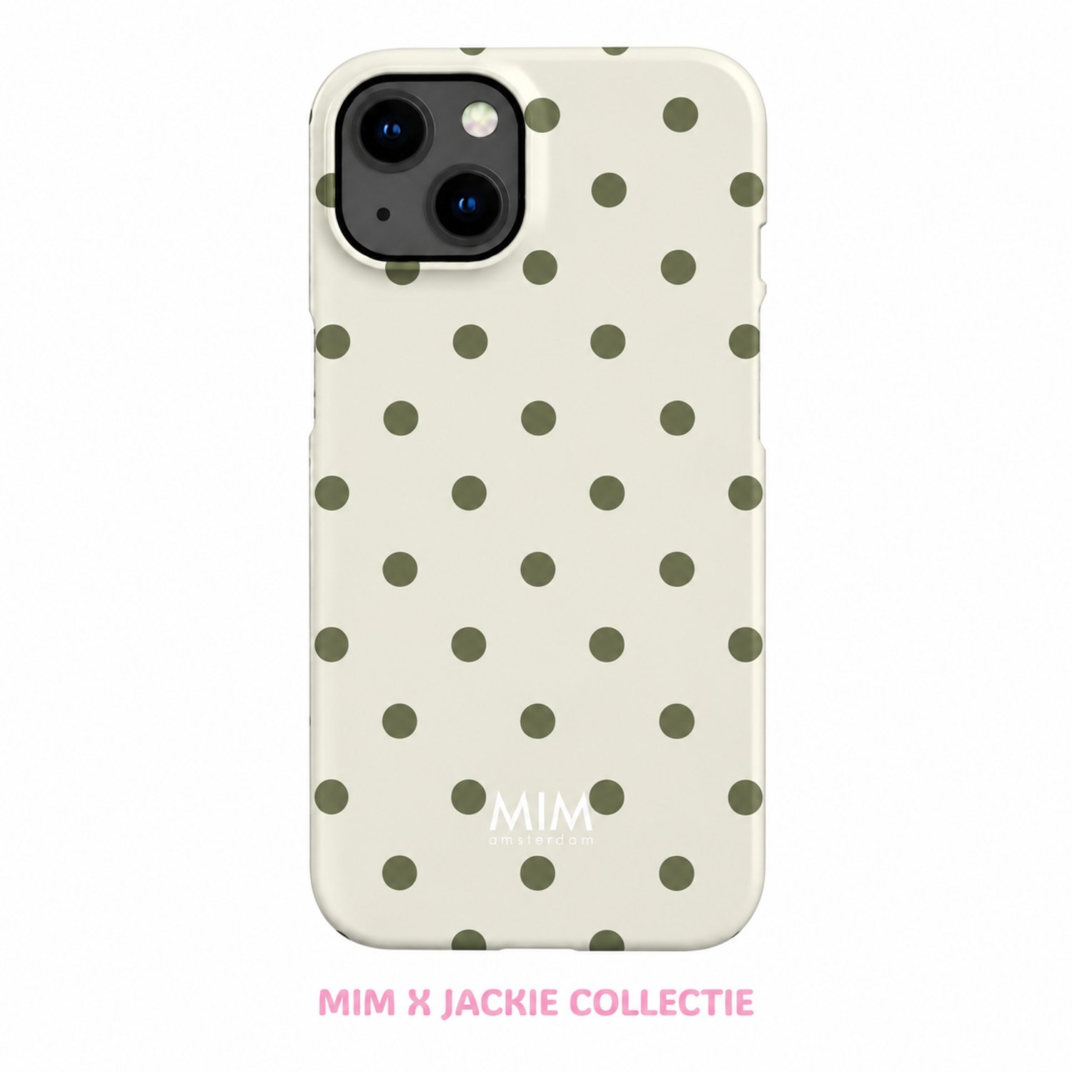 MIM Amsterdam - Dirty Martini - Geschikt voor iPhone 12/12 Pro - Telefoonhoesje - Shockproof Case - Beige met Olijfgroene Stippen - Polka Dot Design - Beschermhoes - Trendy Phone Case