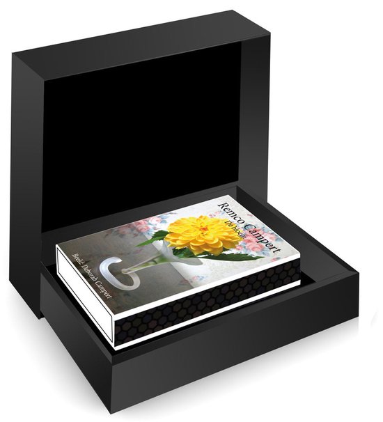 Het boekje De bloem van Remco Campert in een open, zwarte luxe geschenkdoos.