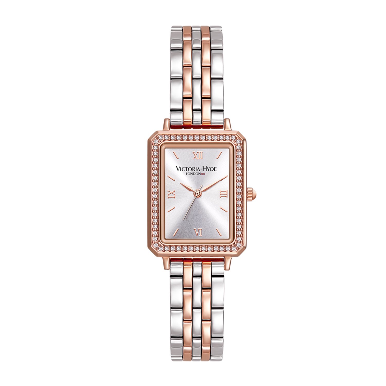 Victoria Hyde "Westminster" - Dames Horloge - Rosegold - Rectangle uurwerk met kristal accenten - In Lengte Verstelbaar - Cadeau voor Vrouw - Zilver rosé goud