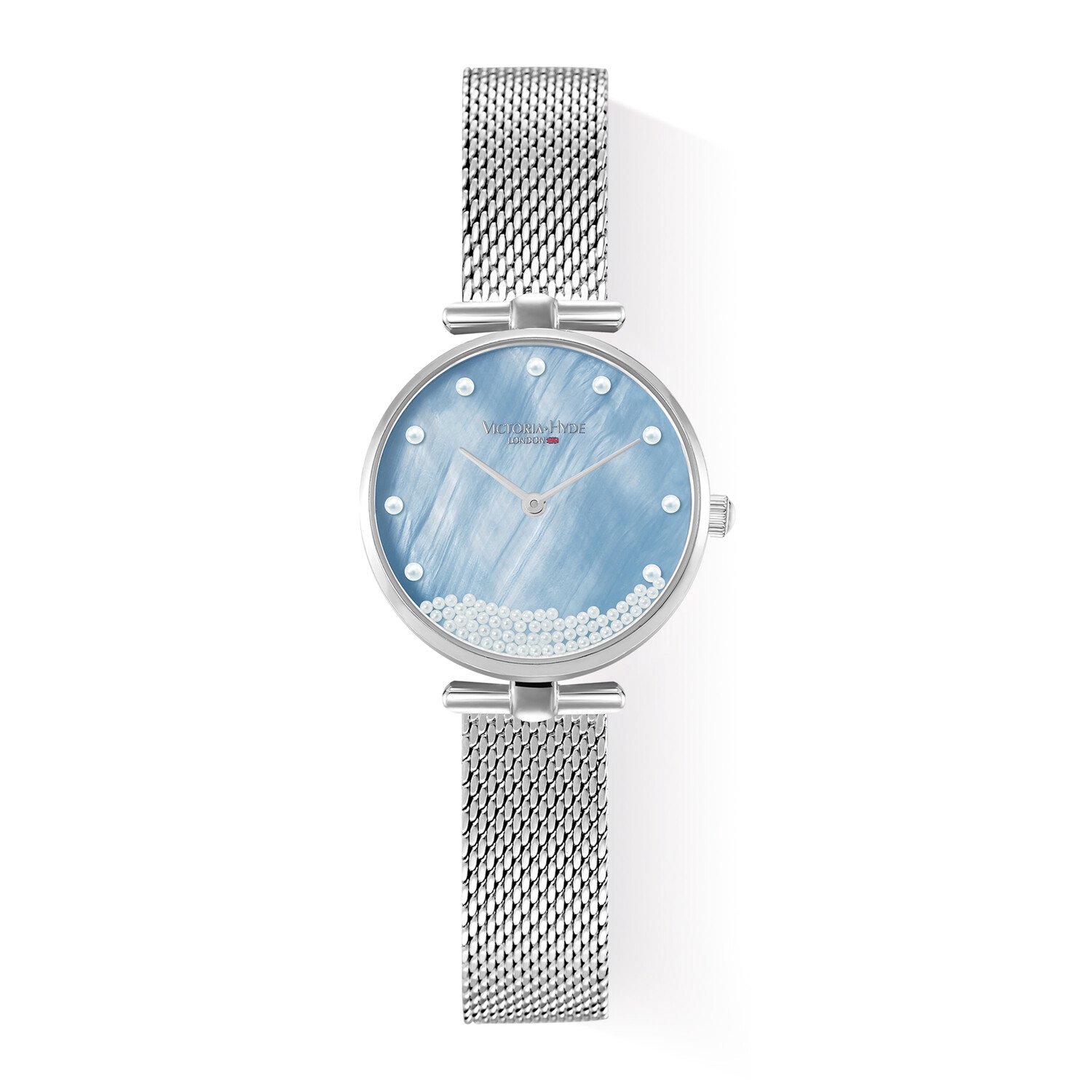 Victoria Hyde "Pearl" - Horloge Dames - analoog quartz met mesh-band - 30mm - Zilver Mesh - Cadeau Voor Vrouw - -Horloges voor Vrouwen & Meisjes - Zilver/Blauw