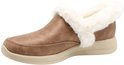 Zijaanzicht van een bruine Skechers Slip-ins slof met witte imitatiebont rand en beige zool.