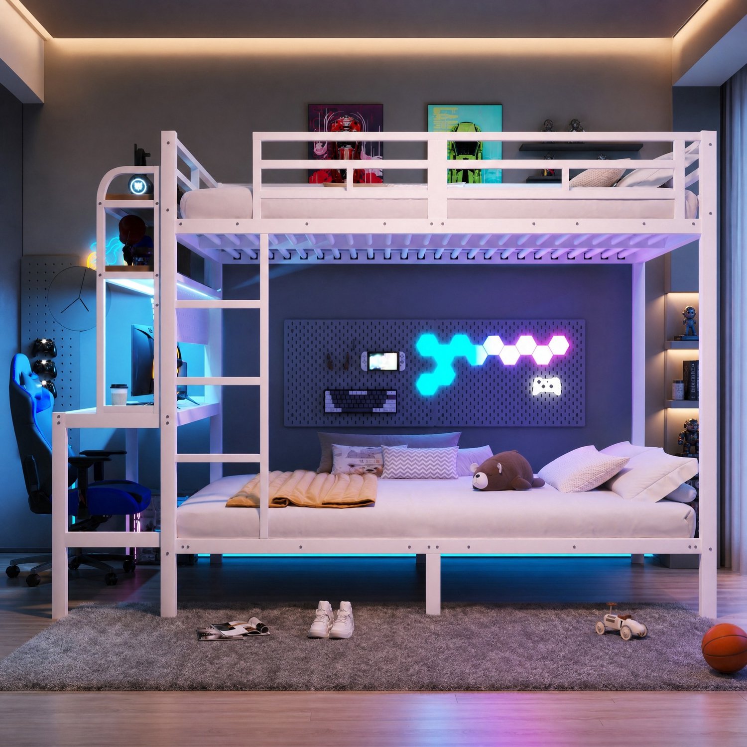 WUVRIE Stapelbed 140x200 cm - Met bureau, opbergruimte, LED-verlichting en USB - Wit