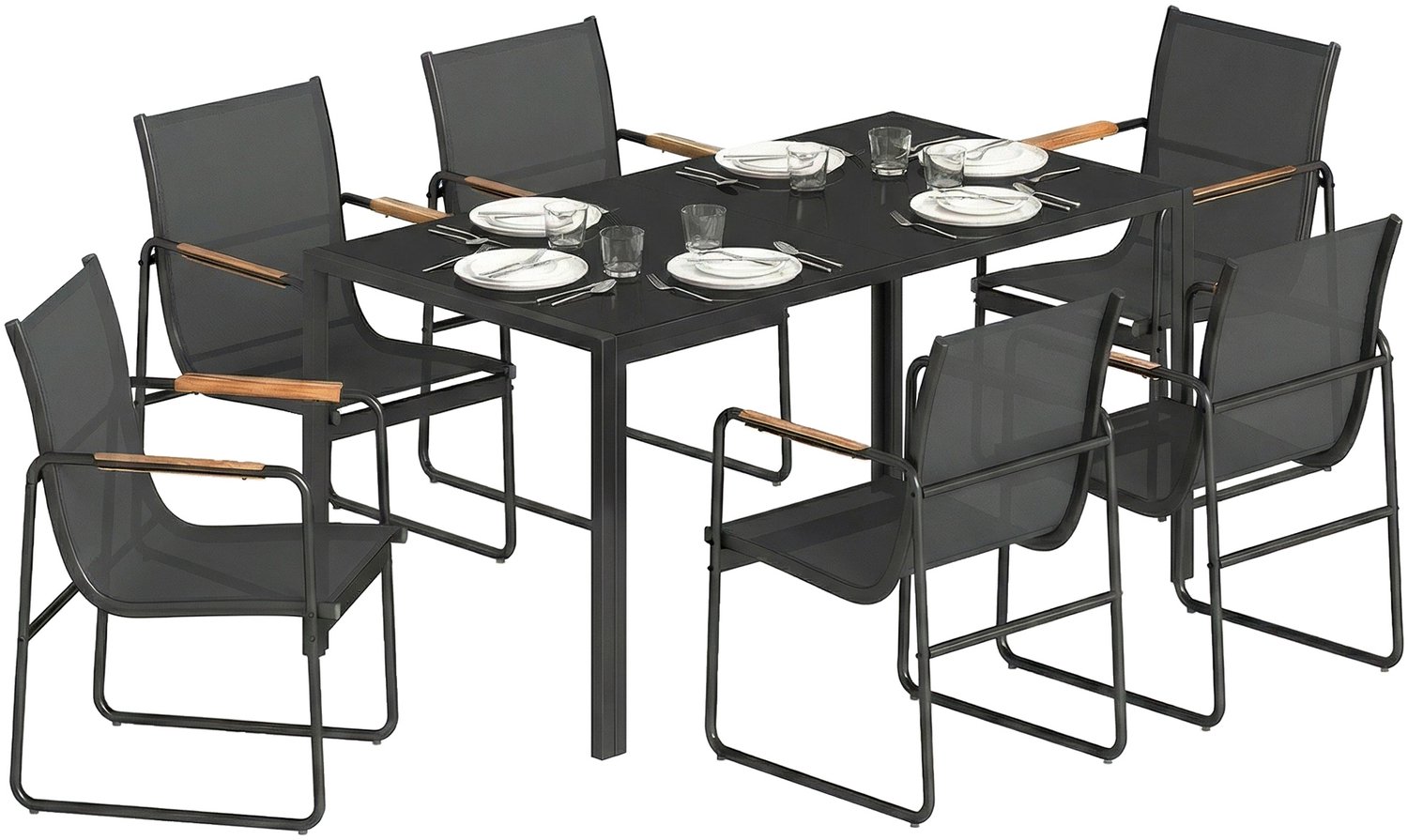 Outsunny Tuinset 7-delig met glazen tafel - Tuinmeubelset, eetset, loungeset tuin - Zwart