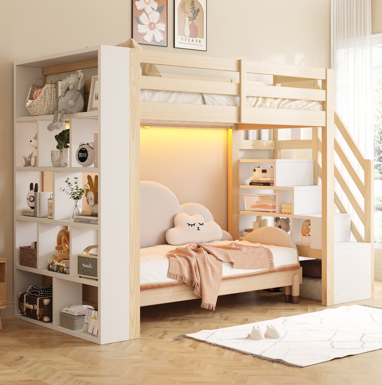 OKWISH Hoogslaper 90x200 cm - Hout met Ledverlichting en Uitvalbeveiliging - Opbergladder en Vakken - Kinderkamer - Wit en Houtkleur - Matras Niet Gespecificeerd Naturel en wit
