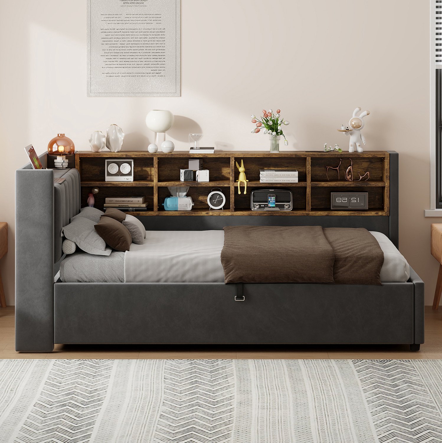 Wishdor Slaapbank 90x200 cm - Hydraulische opbergruimte onder het bed - Gestoffeerd hoofdeinde met nachtlampje en USB-aansluitingen - Zijvakken voor kleine ruimtes - Donkergrijs fluweel
