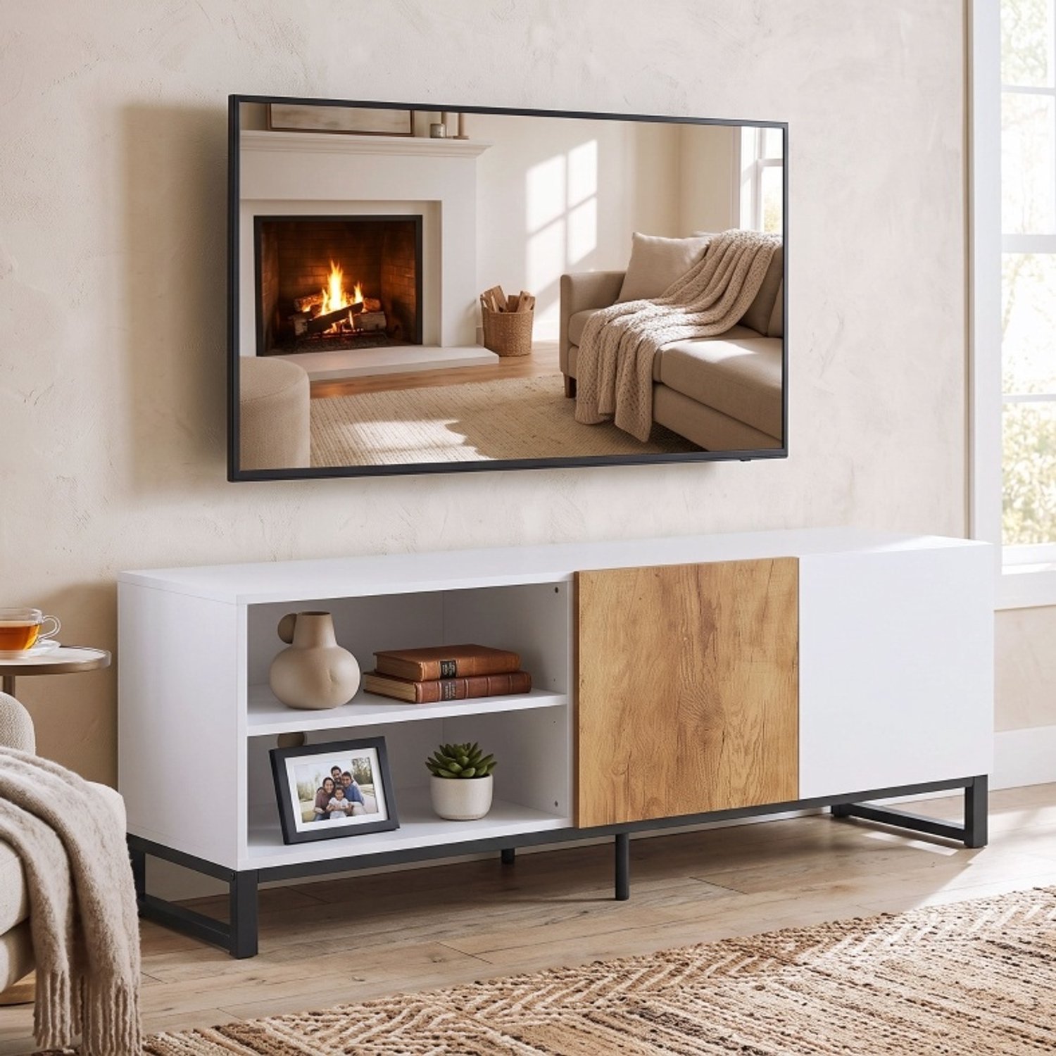 CHICFURN TV-meubel 140 cm - Verstelbare planken - Deur - Wit met eikenlook Wit en eikenkleur