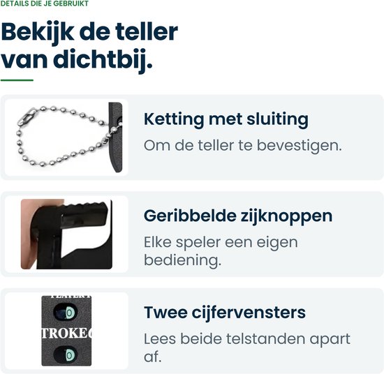 Close-up van Stroke Counter met ketting, geribbelde zijknoppen en twee cijfervensters.