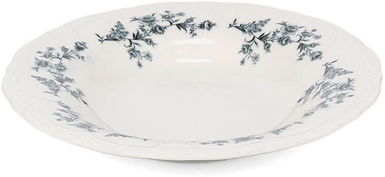 Fameilleur diep bord 23,5/14xH4cm zwart flower Retro set van 6 - porseleinen soepbord en pastabord, voor soep, pasta, salade en stoofgerechten, vaatwasser- en magnetronbestendig, voedselveilig, servies voor thuis, restaurant en horeca