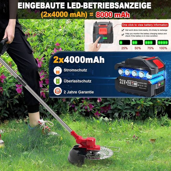 Traumheim HY-08 - Accugrastrimmer - 2 x 4,0 Ah accu - Telescopisch - Rood — afbeelding 3