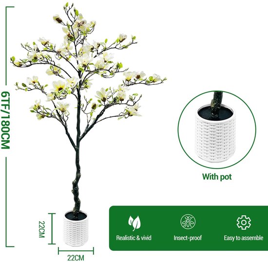 Kunstmatige Magnoliaboom 180 cm – 6 ft – Met Witte Pot & Realistische Witte Bloemen – Weerbestendig & UV-bestendig – Inclusief Bloempot – Onderhoudsvrij – Voor Woonkamer, Kantoor & Terras