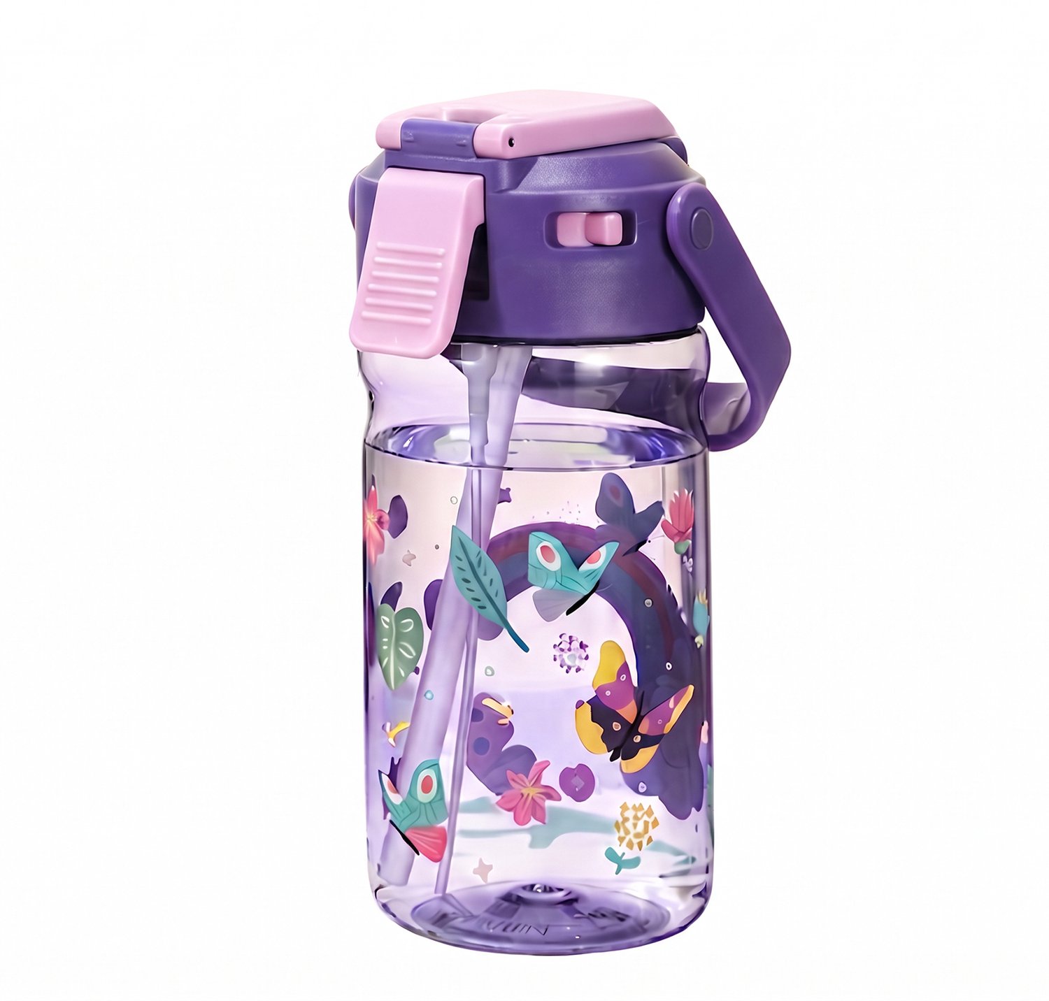 Kinder Drinkfles met Sprayfunctie 650 ml - Drinkbeker met Rietje en Siliconen Drinktuit - Waterfles met Regenboog Print voor Jongens en Meisjes - Eénknops Verneveling - Lekdicht en Draagbaar - Voor School - Sport en Zomerse Verkoeling - Paars