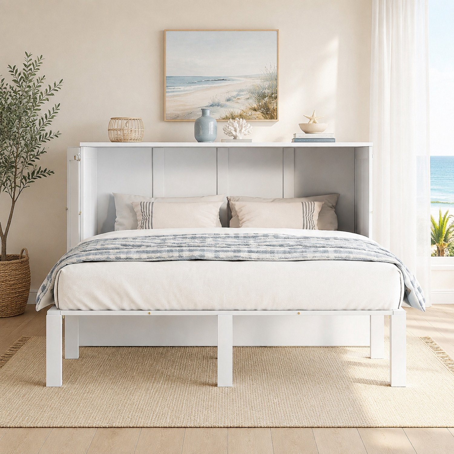 WUVRIE Verticaal opklapbed 140x200 cm - Met lattenbodem en ruimte onder het bed - Wit