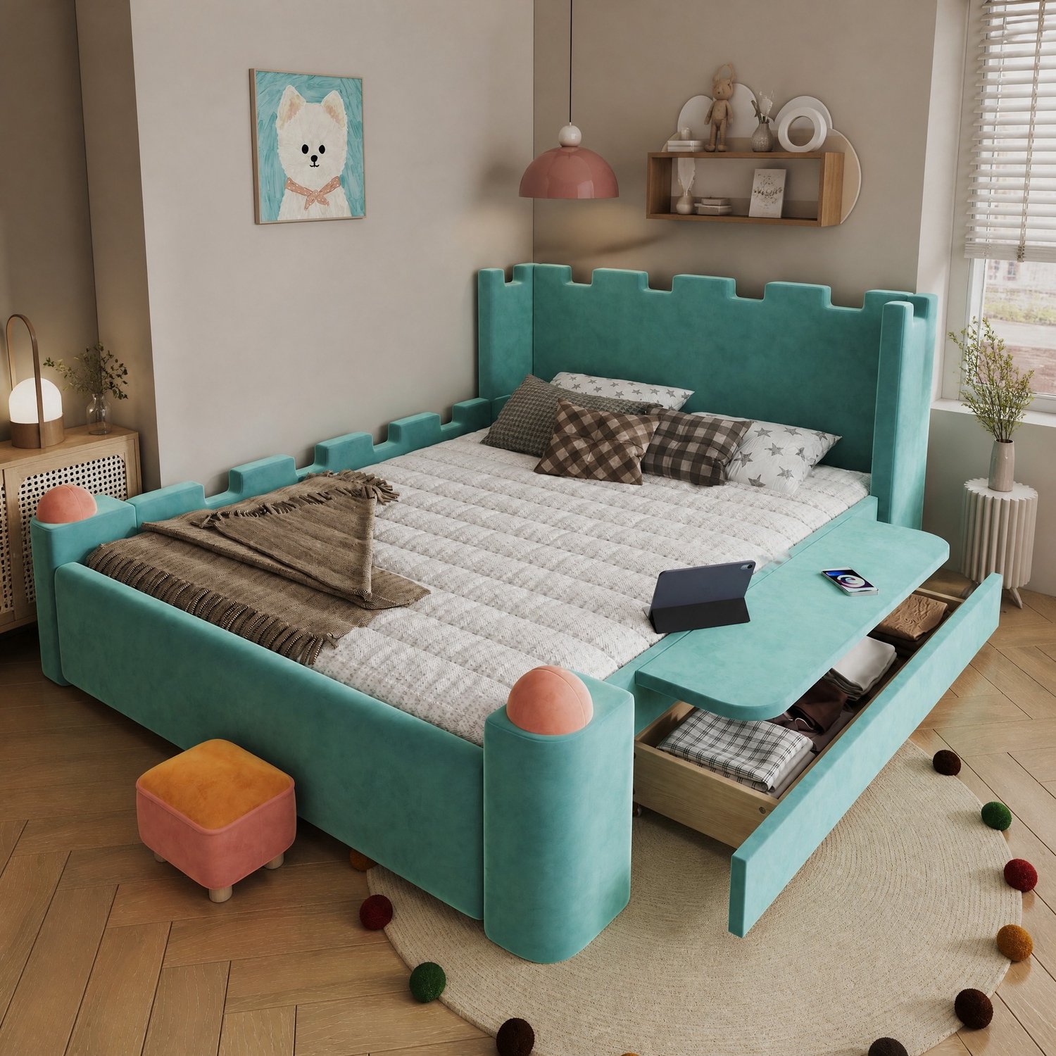 WUVRIE Gestoffeerd kinderbed 140x200 cm - Kasteeldesign, opberglade en inklapbaar zijtafeltje - Blauwgroen
