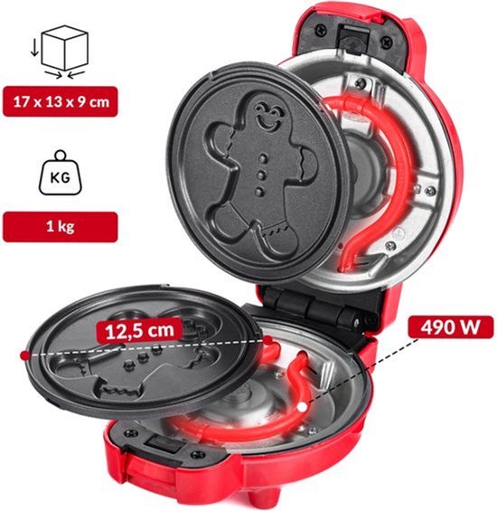 Mini-wafelijzer met wisselplaten, wafelvormen - pompoen, peperkoek, hart en klassiek, mini waffle maker met antiaanbaklaag, ideaal voor kinderverjaardagen en familiefeesten, rood — afbeelding 3