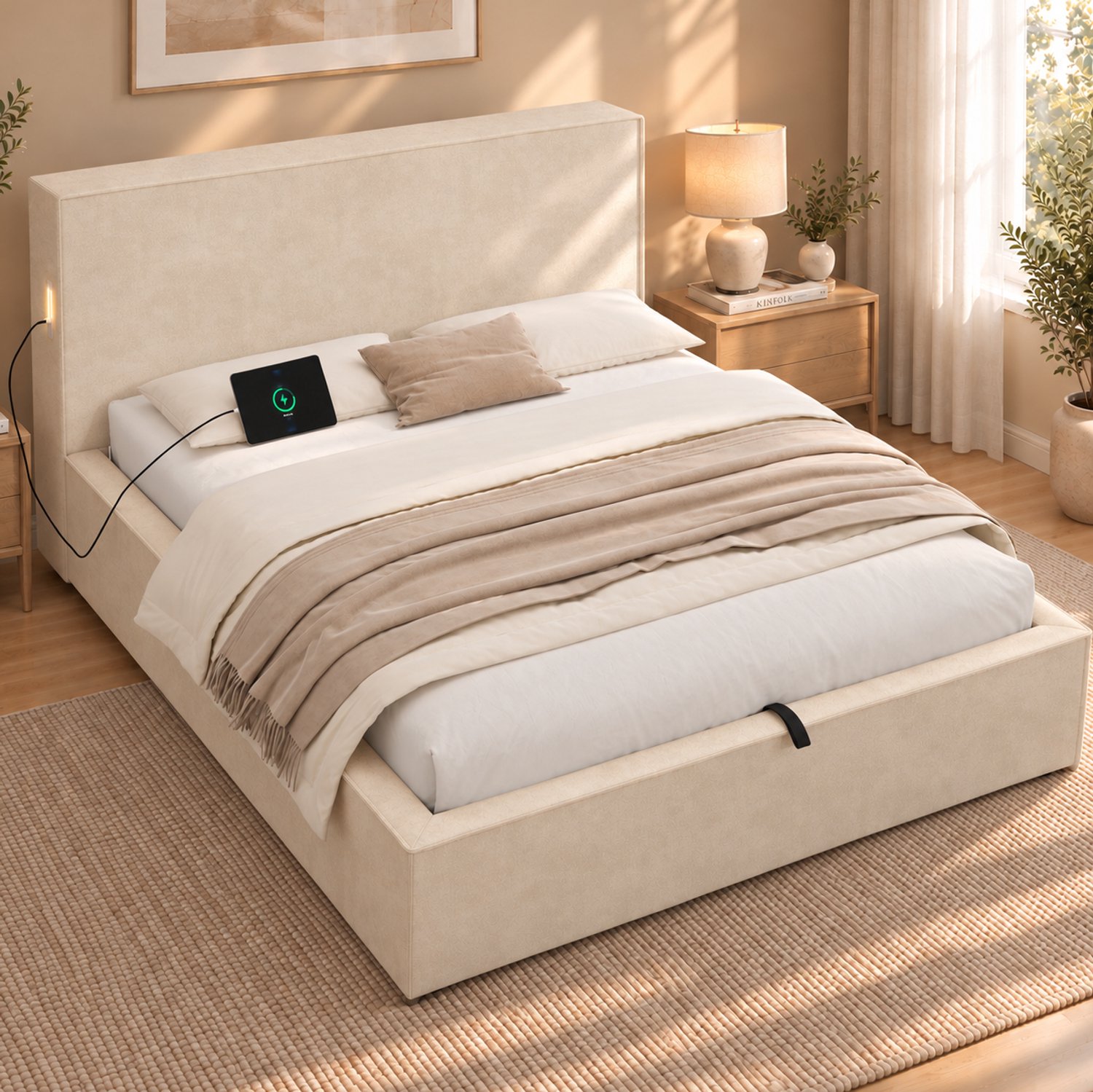 OKWISH Gestoffeerd Bed 120x200 cm - Eenpersoonsbed met Hydraulische Opbergruimte - Inclusief Lattenbodem - Zonder Matras - Chenille - Beige