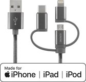 DELTACO IPLH-597 - USB naar USB-C kabel - Micro-USB - Lightning - Geschikt voor Apple - MFi - 1m - Grijs