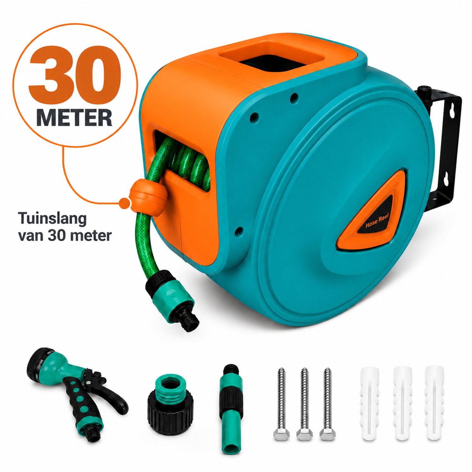 Blossom Tuinslanghaspel - 30M - Wandslangenbox - Automatisch - 180° Draaibaar - Met Sproeikop - Voor Tuin & Auto - Zwart