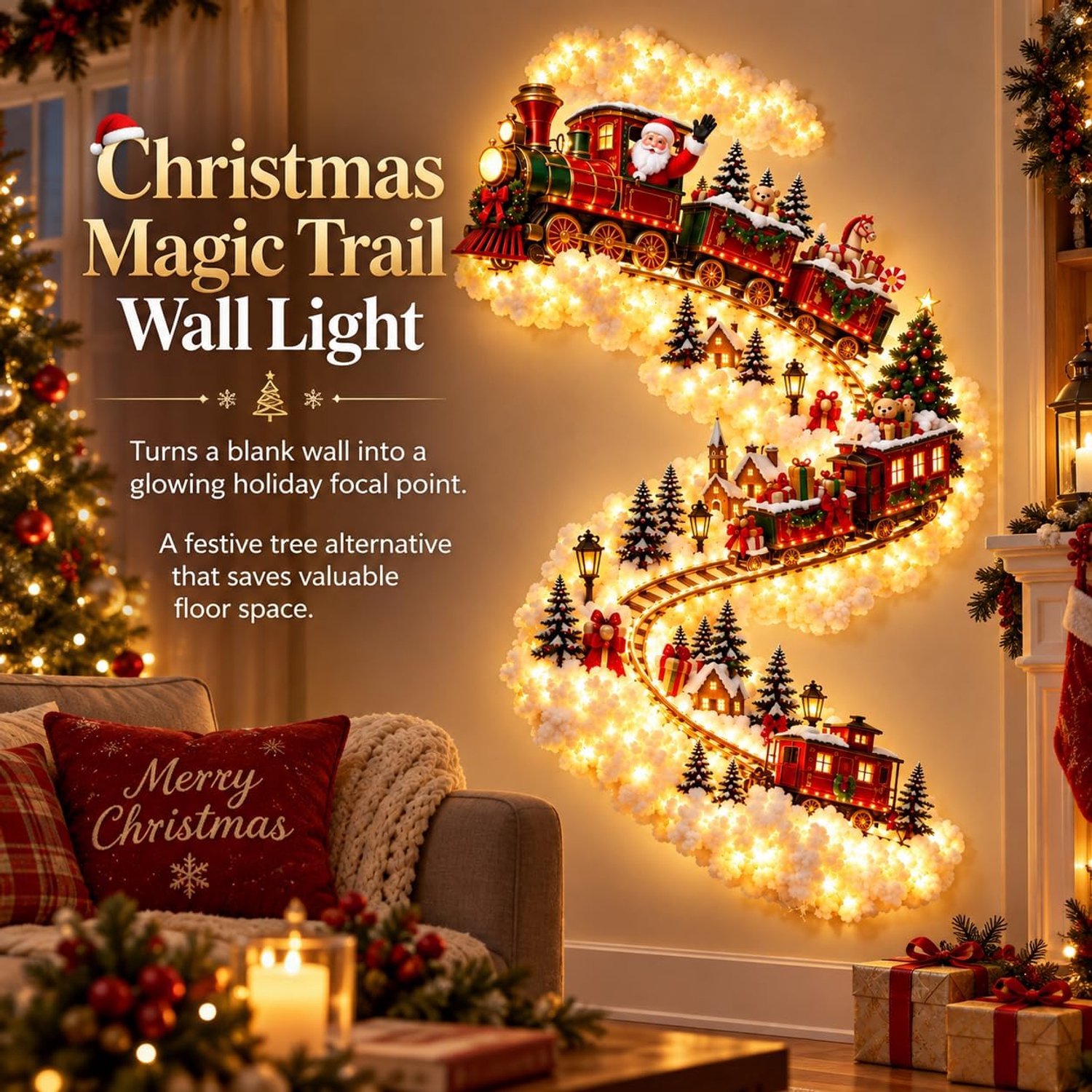 Kerstwandlamp - Warm wit LED - Verticale kerstwandlamp - Hangende decoratie met kerstman en trein - Waterval LED-wandlamp - Decoratieve kerstverlichting - Feestelijke sfeer - Kerstdecoratie - 44*88 cm - Ontwerp met kersttrein - Rood + Groen – foto 6