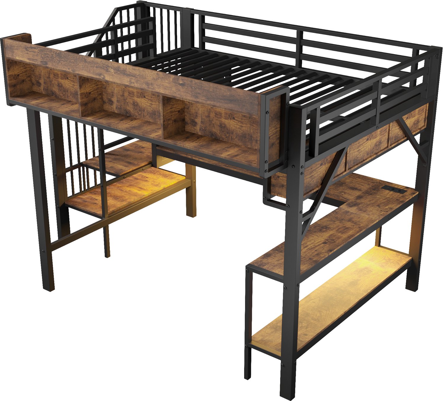 MUVANO Hoogslaper 140x200 met hoekbureau - opbergtrap - metalen frame en MDF - lattenbodem, USB-C, ledverlichting en stopcontacten bruin zwart