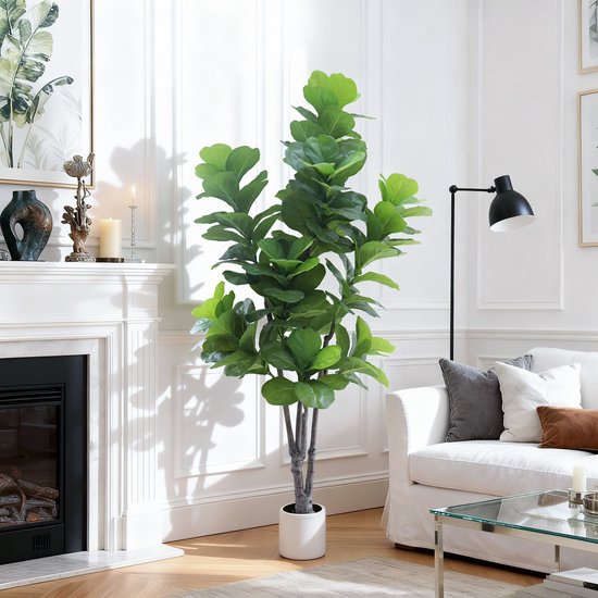 Kunstmatige Fiddle Leaf Fig Boom 213 cm – 7 ft – Meerstammig – Met Witte Pot & Sierkiezels – Realistische Zijden Bladeren – Onderhoudsvrij – Voor Woonkamer, Kantoor, Hal & Entree