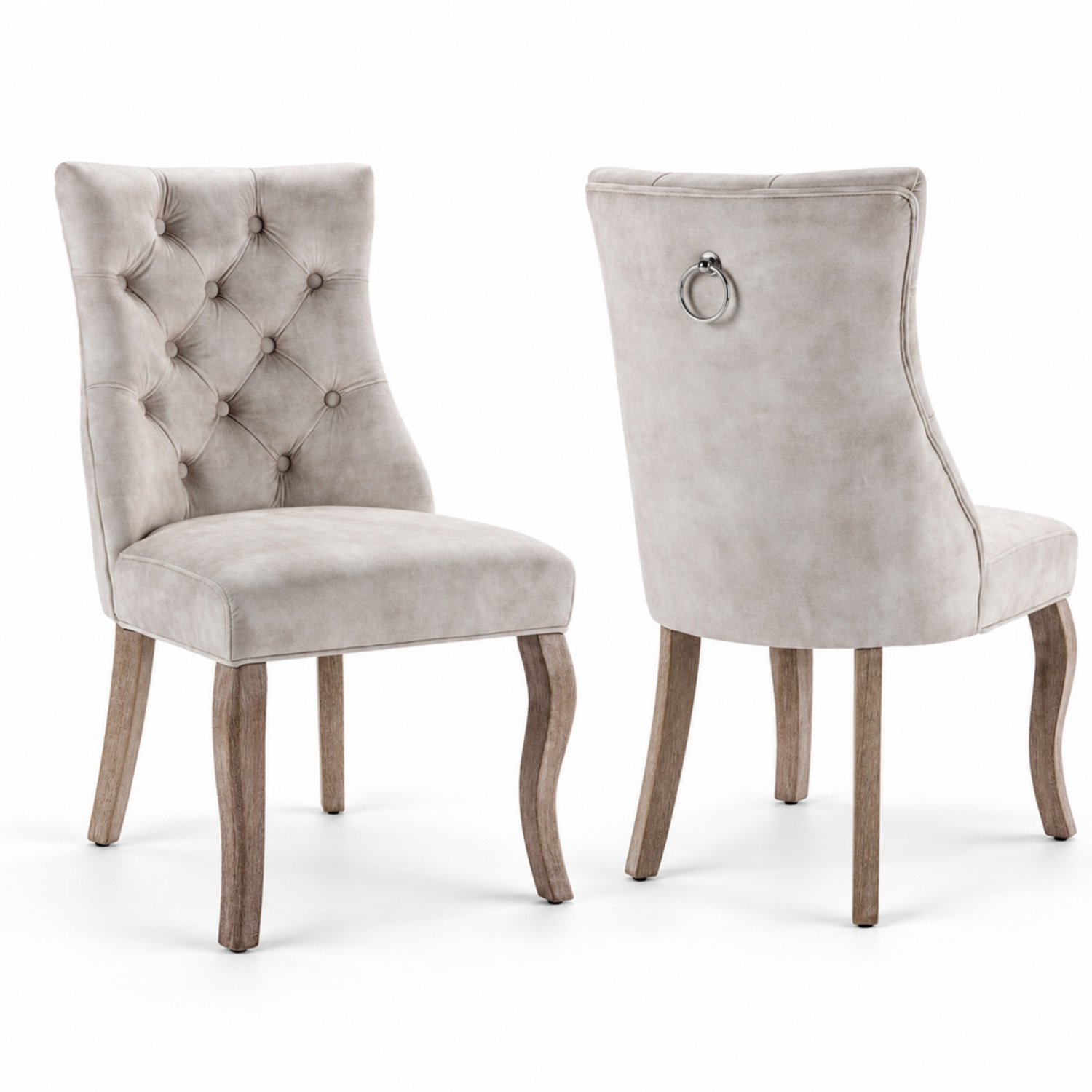 LONG DRAGON - Velvet eetkamerstoelen - Set van 2 - Hoge rugleuning met knopen - Massief houten vierpootonderstel - Lichtbeige