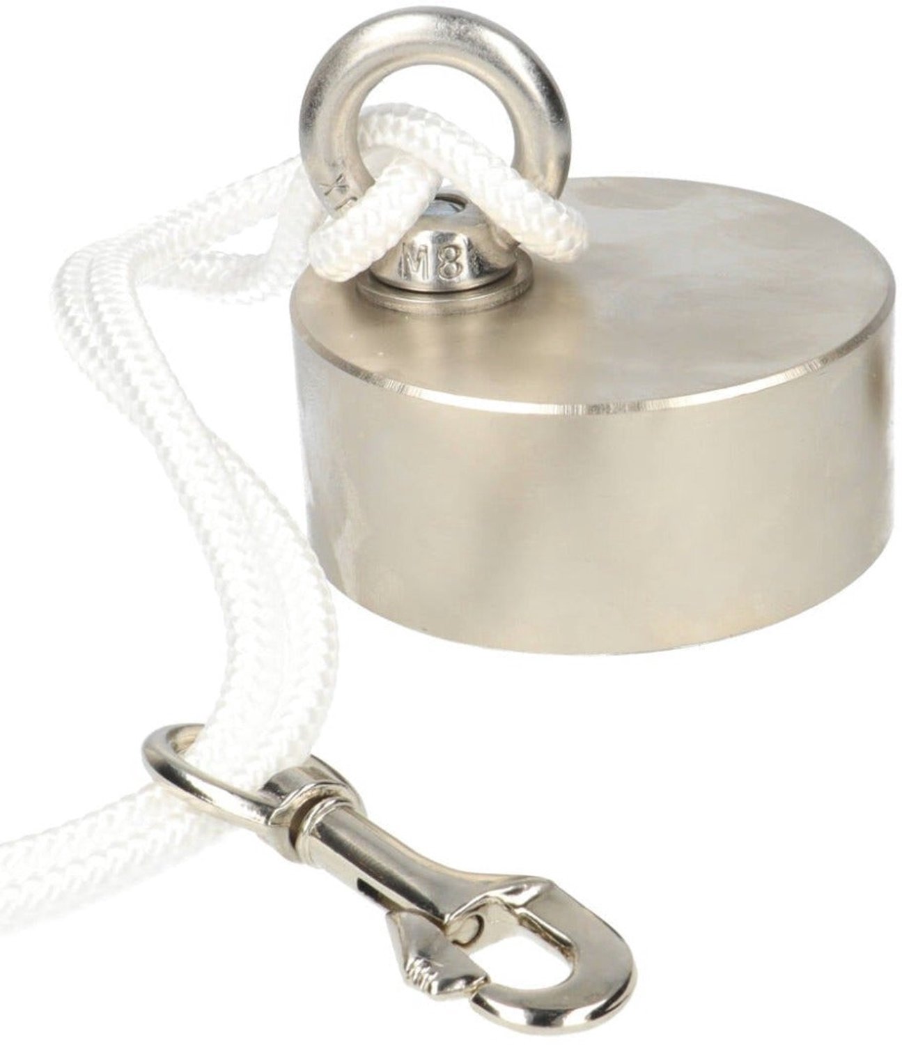 Neodymium Vismagneet Ø80 x 35 mm 400 kg Trekkracht NiCuNi – Set met 25 m Touw, Oogmoer, Bout en Musketon