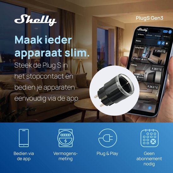 Zwarte Shelly Plug S Gen3 naast een smartphone met de app. Iconen voor app-bediening, energiemeting en plug & play.