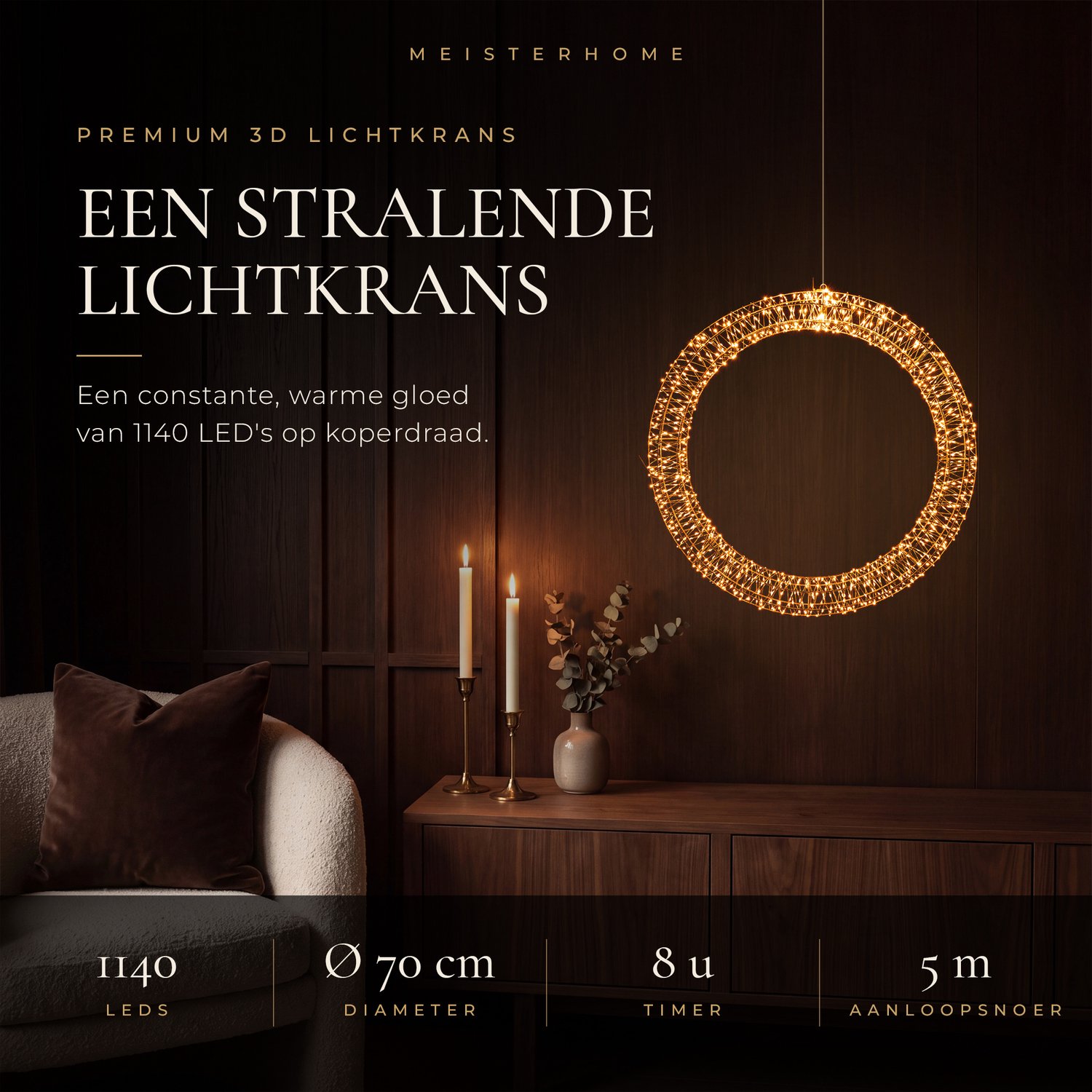 Meisterhome® LED 3D Lichtkrans Ø 70 cm – 1140 LEDs – Extra Warm Wit – Grote Verlichte Kerstkrans – Deurkrans met LED – Kerstverlichting Buiten & Binnen – Timer & Dimmer – IP44 – foto 6