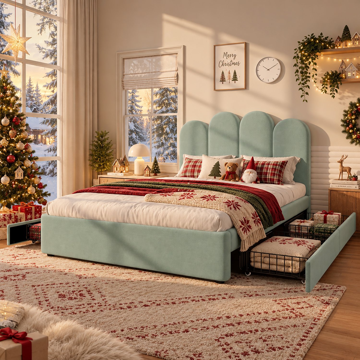 STILVORA Gestoffeerd Bed 140 x 200 cm – Gebogen Fluwelen Hoofdbord – Vier Opberglades – Tweepersoonsbed – Zonder matras – Lichtgroen