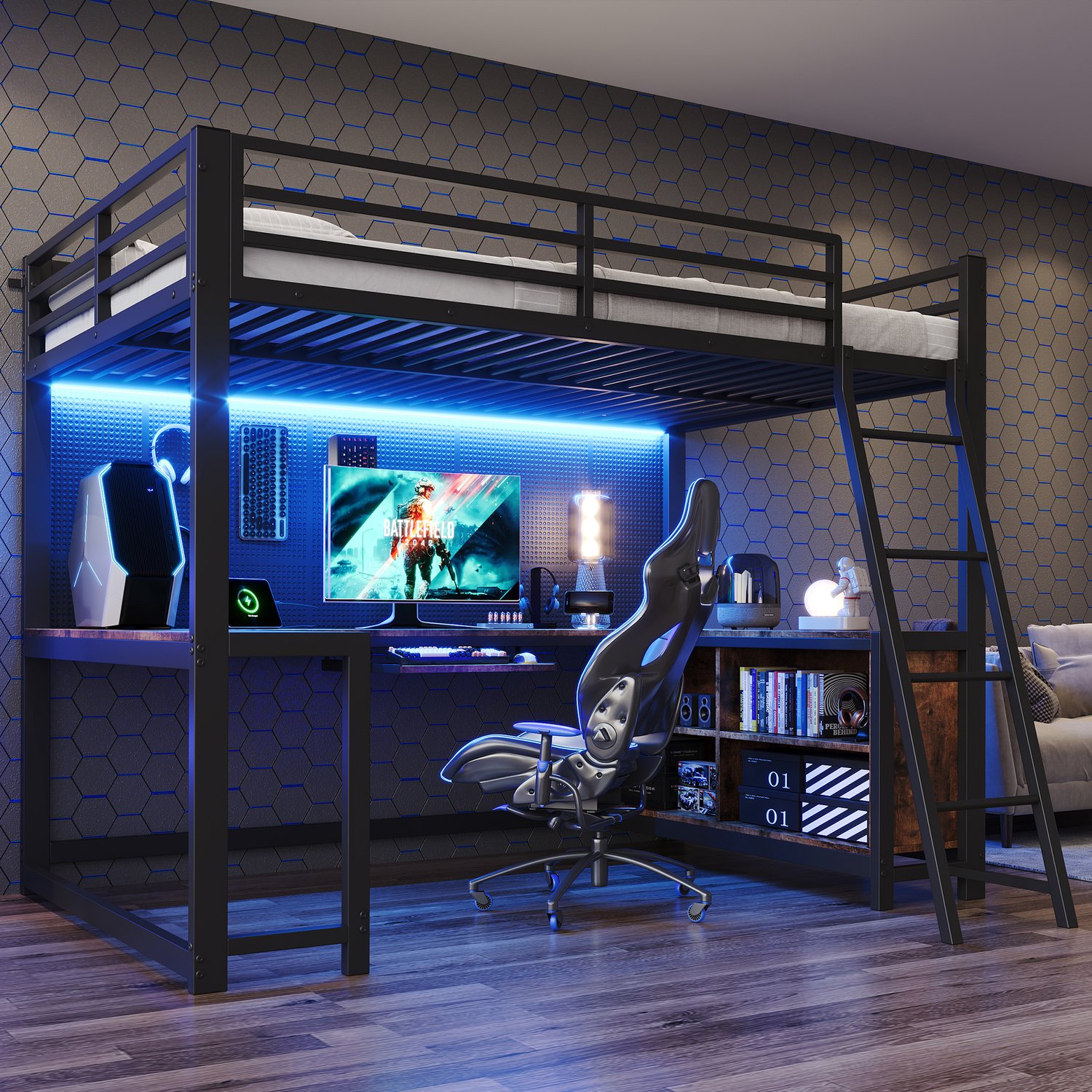 STILVORA Hoogslaper 120x200 cm – Bureau aan Drie Zijden – Opbergruimte en Toetsenbordlade – Ledverlichting – Zwart met Houtlook – Zonder Matras