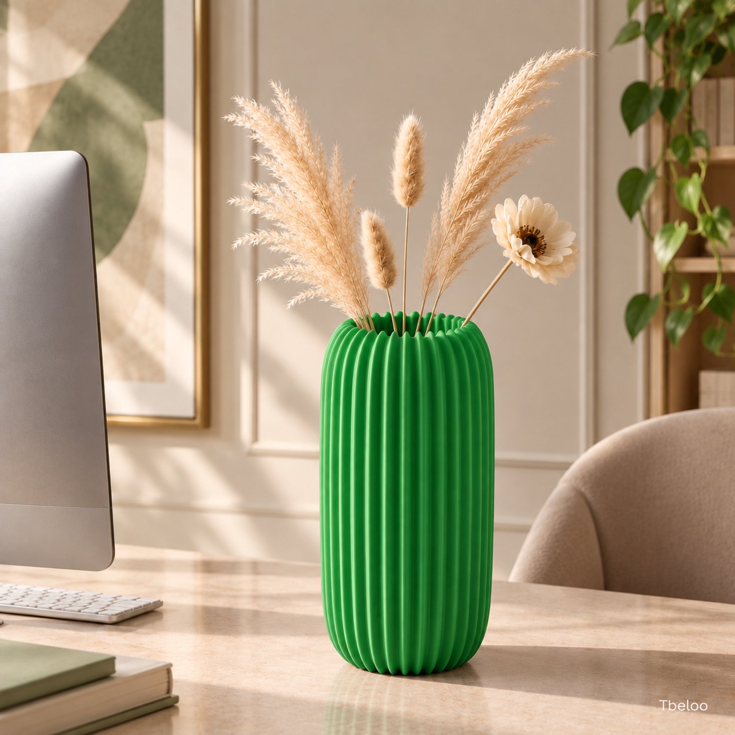 Tbeloo Decoratieve Vaas – Moderne Geribbelde Bloemenvaas – 3D Geprint – Groen – 15 x 7,5 cm