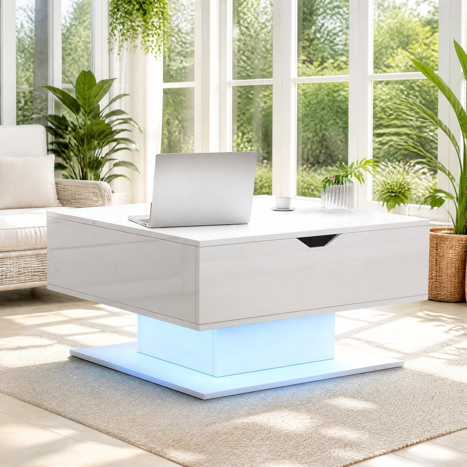 CHICFURN Salontafel 80 cm - in hoogte verstelbaar - opbergruimte en LED - woonkamer - spaanplaat - wit