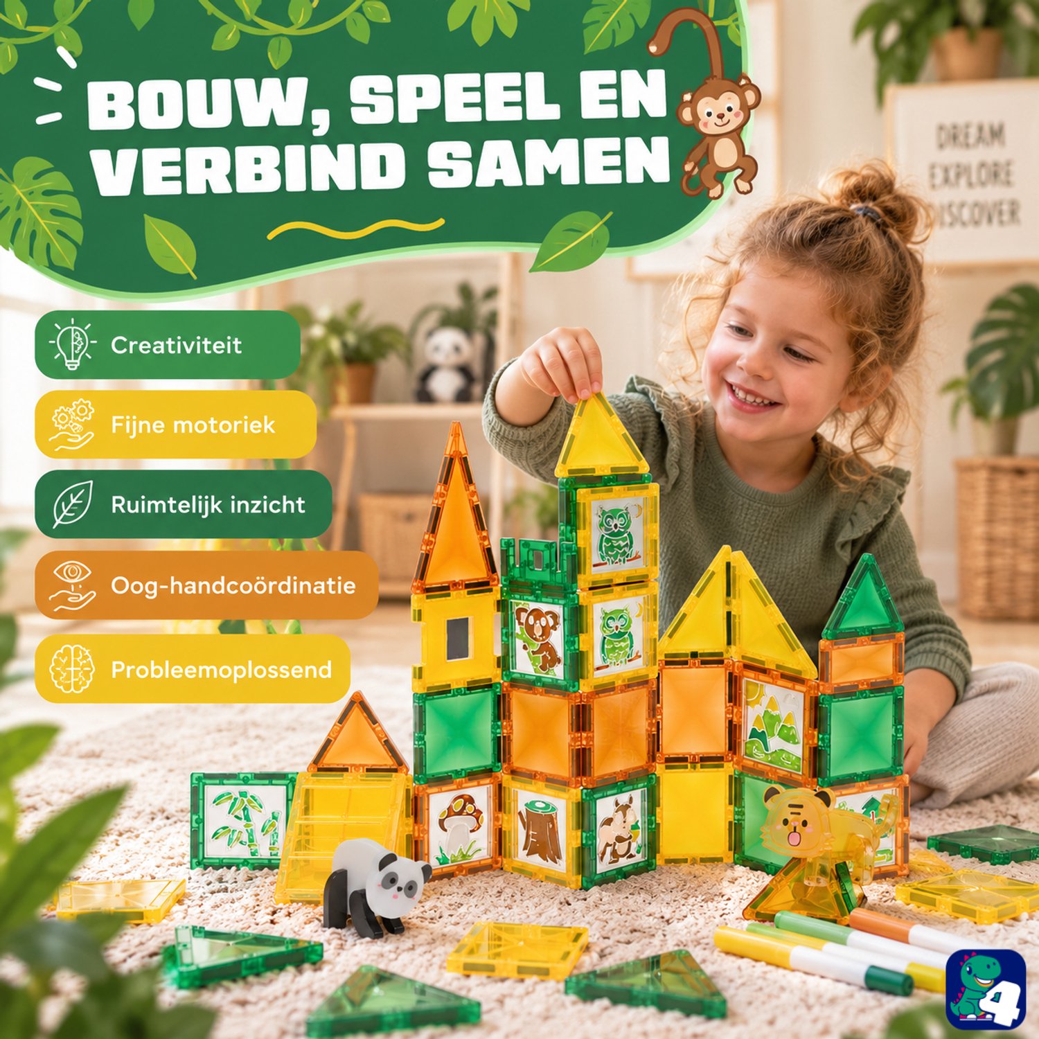 Fits4Kids® Magnetic Tiles - 47 Stuks - Magnetisch Speelgoed - Jungle Thema - Magnetische Tegels - Magna Constructiespeelgoed - Bouwstenen - 3 4 5 6 7 8 Jaar — afbeelding 8