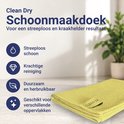 Gele Clean Dry doek met wafelstructuur en kenmerken voor streeploze reiniging.