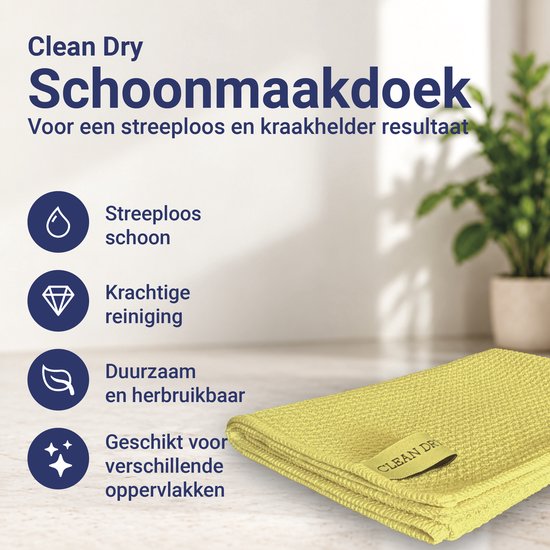 Gele Clean Dry doek met wafelstructuur en kenmerken voor streeploze reiniging.