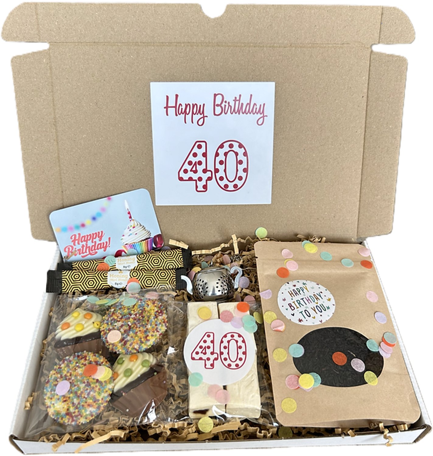 40 Verjaardag thee brievenbus cadeau - nougat - chocolade - honing - theezeefje