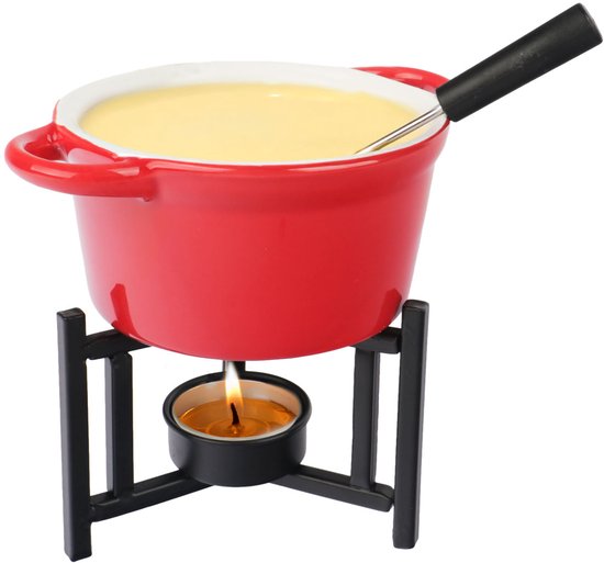 Fondueset Rood - Kaasfondue - Chocoladefondue - Fonduepannen - Fonduepan - Inclusief 2 vorkjes - Ø 14 cm — afbeelding 3