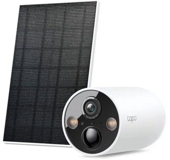 Witte Tapo beveiligingscamera met bijbehorend zwart zonnepaneel voor buiten.