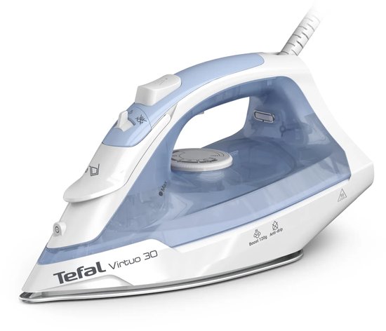 Tefal Virtuo 30 stoomstrijkijzer in wit en transparant blauw met 'Boost 120g' en 'Anti-drip' opdruk.