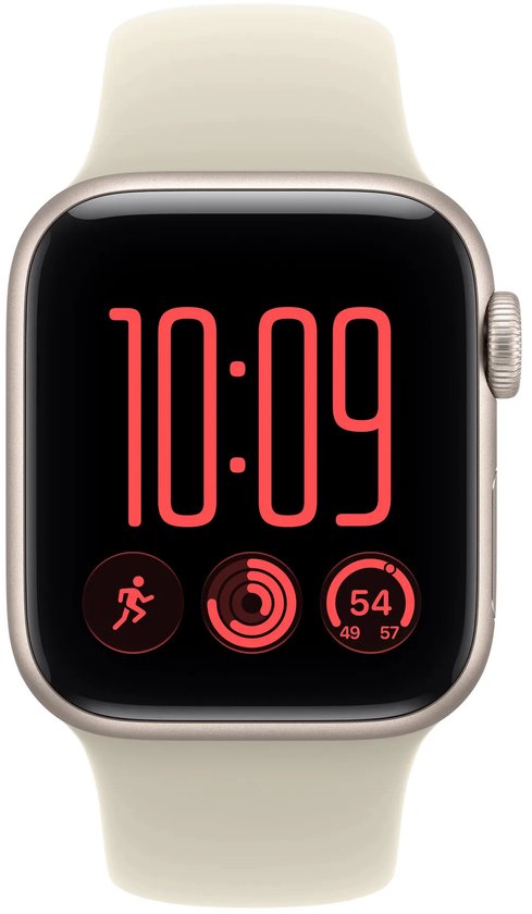 Vooraanzicht van de Apple Watch SE in stervormig beige met een digitaal scherm dat 10:09 en sportstatistieken toont.