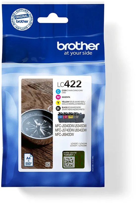 Originele Brother LC422 inktcartridge-verpakking met aanduiding van kleuren en compatibele printermodellen.