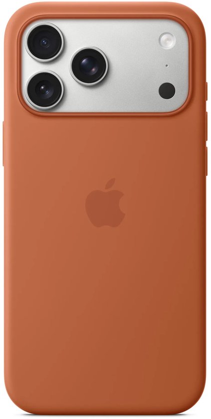 Coque en silicone terracotta pour iPhone avec bloc caméra argenté et logo Apple.