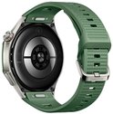 Achterkant van de groene smartwatch met Huawei-logo op de sluiting en sensoren voor gezondheidsmeting.