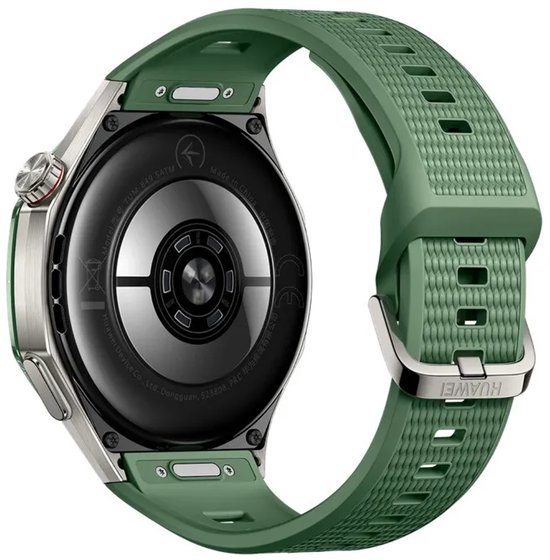 Achterkant van de groene smartwatch met Huawei-logo op de sluiting en sensoren voor gezondheidsmeting.