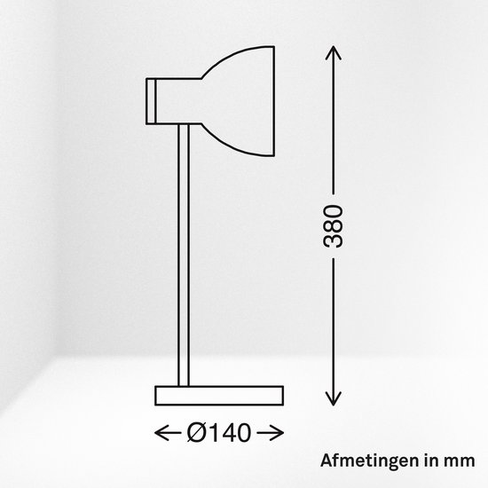 Lijntekening van de bureaulamp met afmetingen van 380 mm hoog en Ø140 mm voet.