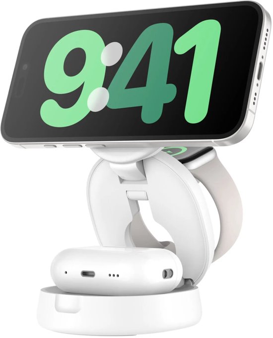 Witte 3-in-1 oplaadstandaard met een iPhone in liggende stand, Apple Watch en oortjes.