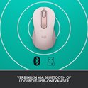 Roze muis met Bluetooth en Logi Bolt USB-ontvanger iconen op een turkooizen achtergrond.