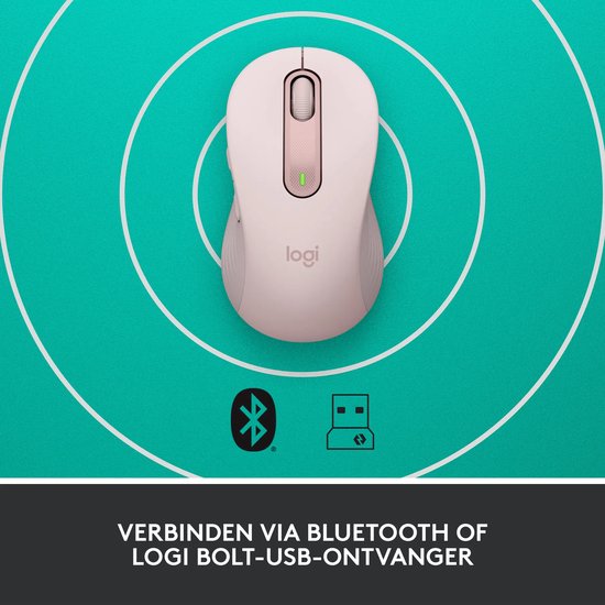 Roze muis met Bluetooth en Logi Bolt USB-ontvanger iconen op een turkooizen achtergrond.
