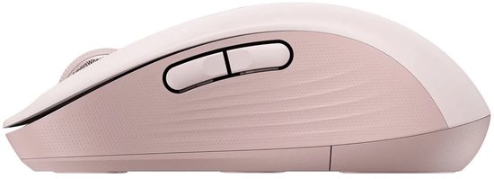 Zijaanzicht van de ergonomische roze muis met SmartWheel en twee knoppen.