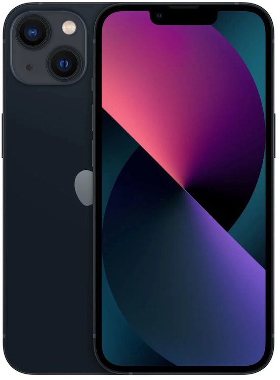 Zwarte iPhone 13 getoond met zowel de achterkant als het scherm zichtbaar.